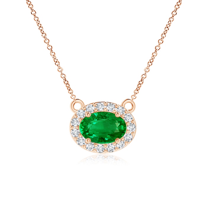 6x4mm AAAA East-West Oval Emerald Necklace with Diamond Halo in Rose Gold