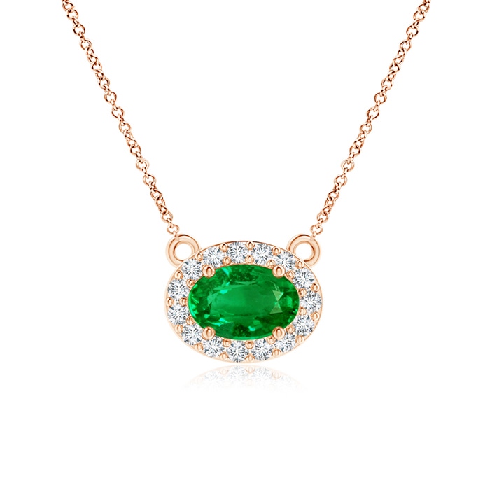 6x4mm Lab-Grown East-West Oval Emerald Necklace with Diamond Halo in Rose Gold