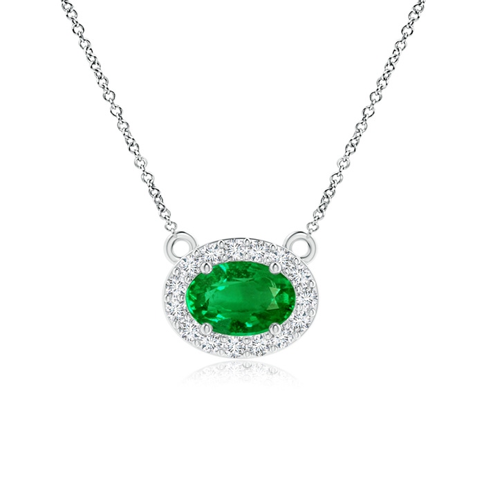 6x4mm AAAA East-West Oval Emerald Necklace with Diamond Halo in White Gold