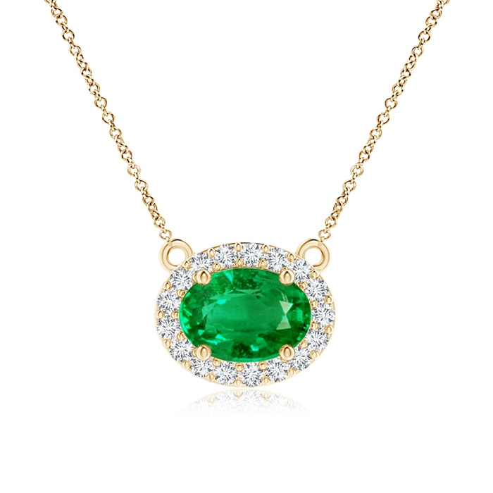 7x5mm AAA East-West Oval Emerald Necklace with Diamond Halo in Yellow Gold 