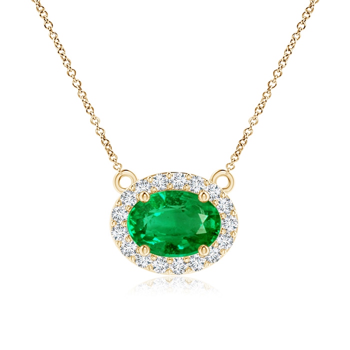 7x5mm AAA East-West Oval Emerald Necklace with Diamond Halo in Yellow Gold