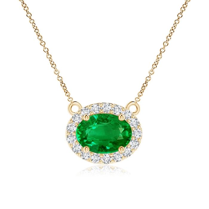 7x5mm AAAA East-West Oval Emerald Necklace with Diamond Halo in Yellow Gold