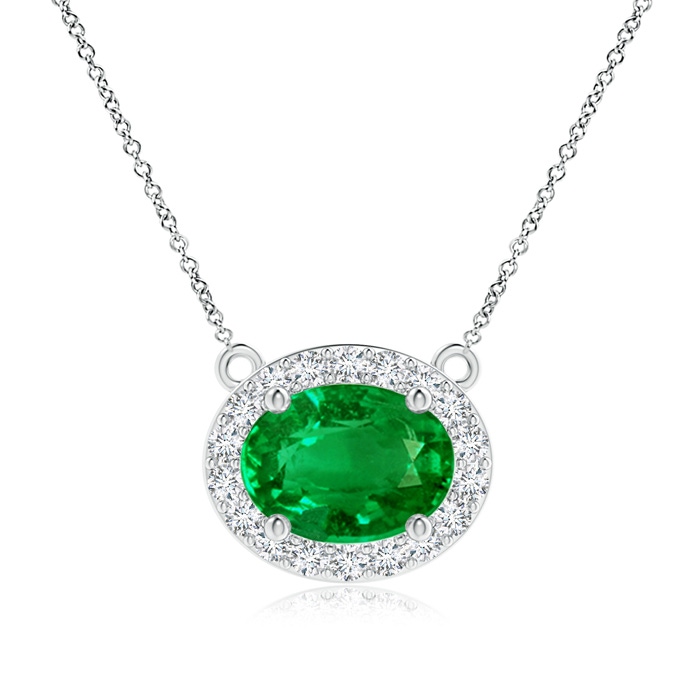 8x6mm Lab-Grown East-West Oval Emerald Necklace with Diamond Halo in White Gold