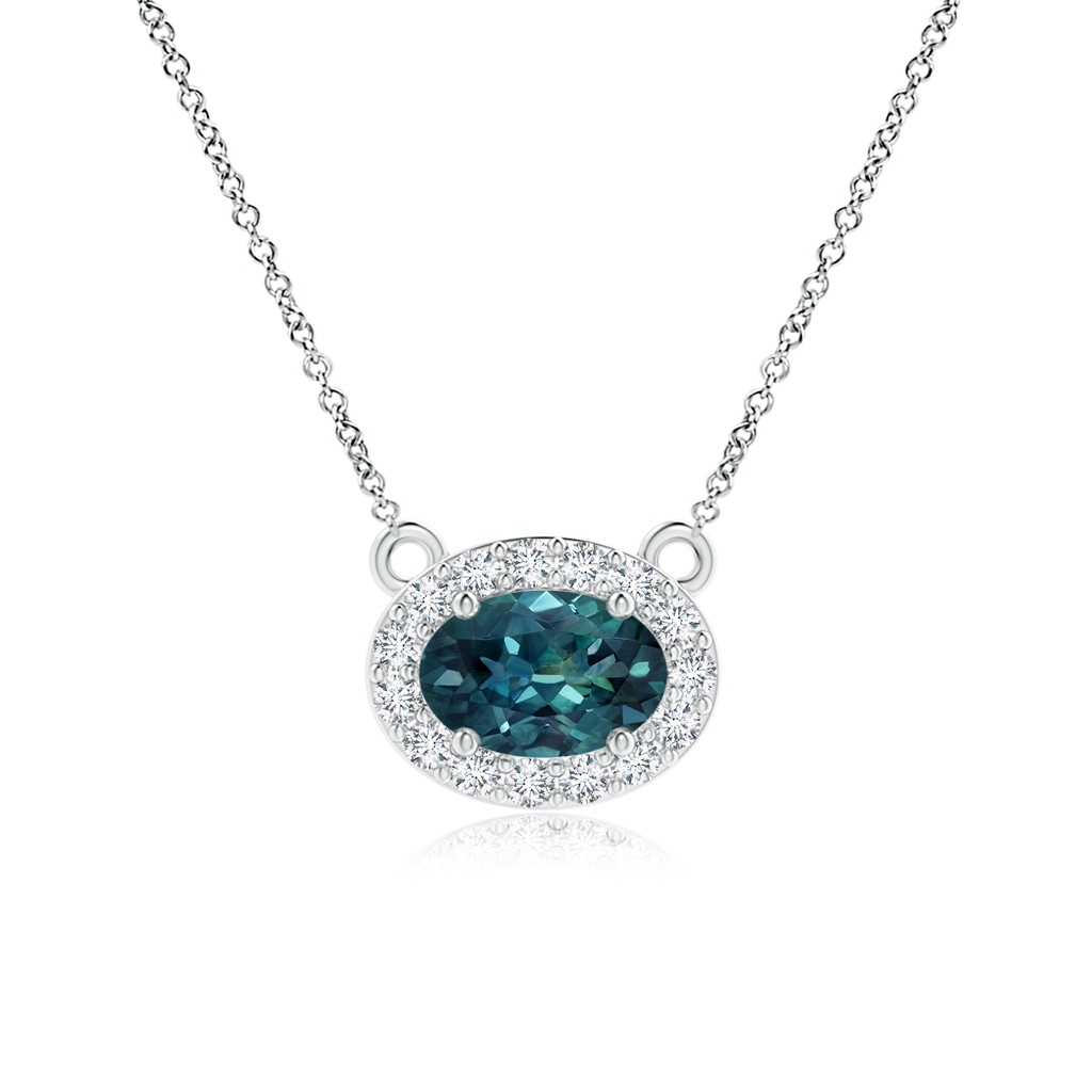6x4mm AAA East-West Oval Teal Montana Sapphire Necklace with Diamond Halo in P950 Platinum