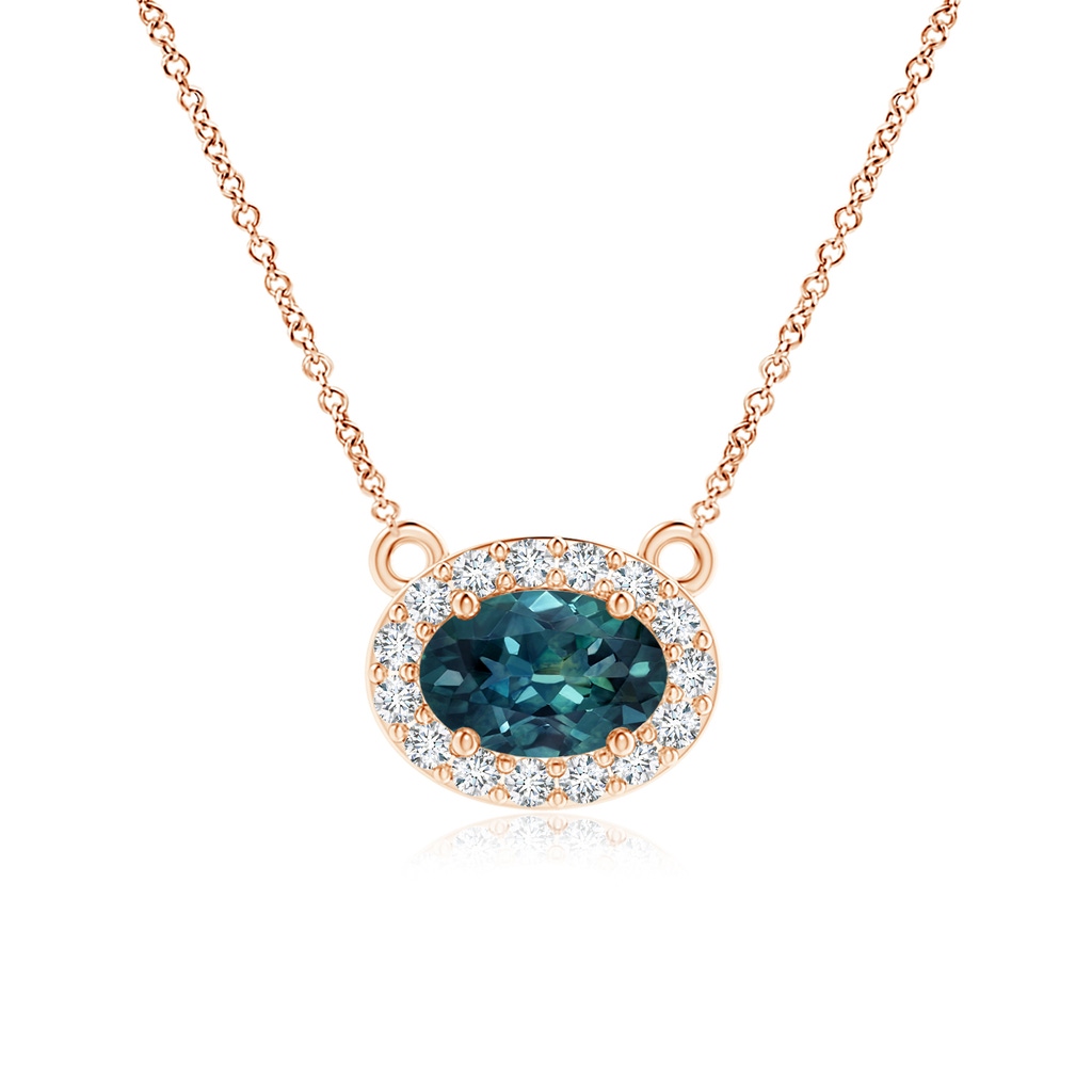 6x4mm AAA East-West Oval Teal Montana Sapphire Necklace with Diamond Halo in Rose Gold