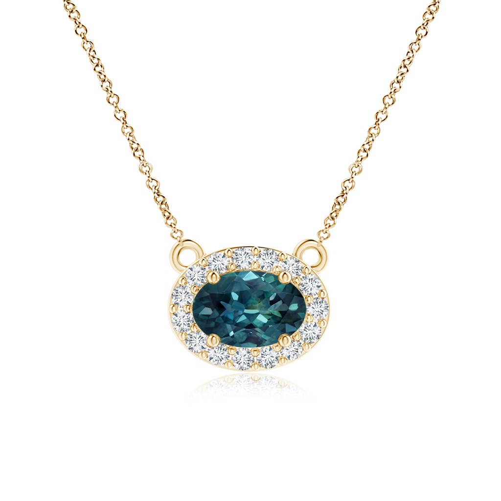 6x4mm AAA East-West Oval Teal Montana Sapphire Necklace with Diamond Halo in Yellow Gold