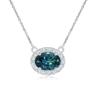 7x5mm AAA East-West Oval Teal Montana Sapphire Necklace with Diamond Halo in P950 Platinum