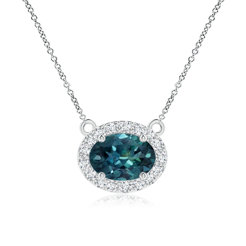 7x5mm AAA East-West Oval Teal Montana Sapphire Necklace with Diamond Halo in White Gold