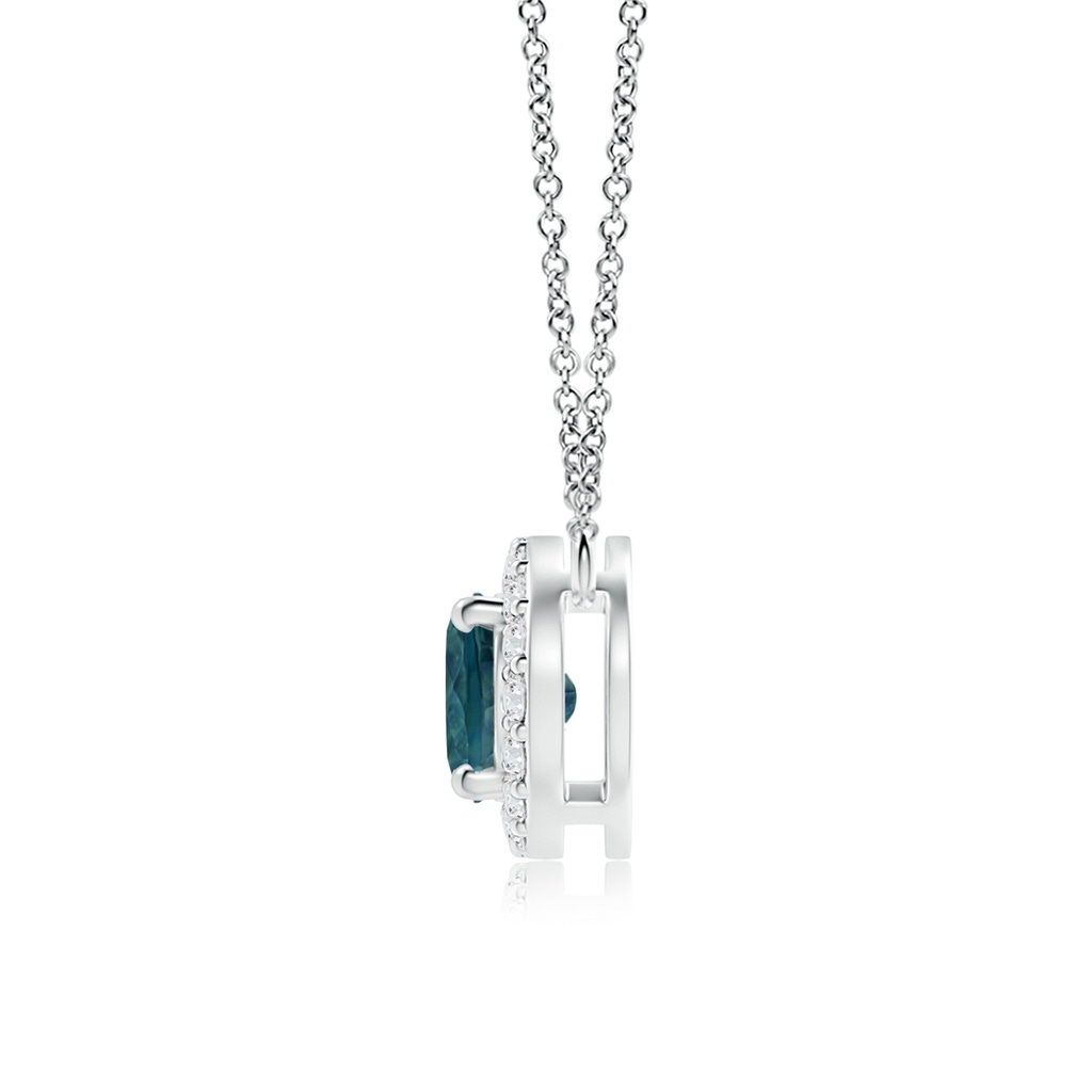 7x5mm AAA East-West Oval Teal Montana Sapphire Necklace with Diamond Halo in White Gold Side 1