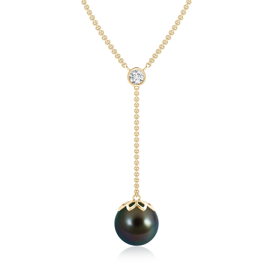 10mm AAAA Tahitian Pearl Lariat Necklace with Diamond in Yellow Gold 