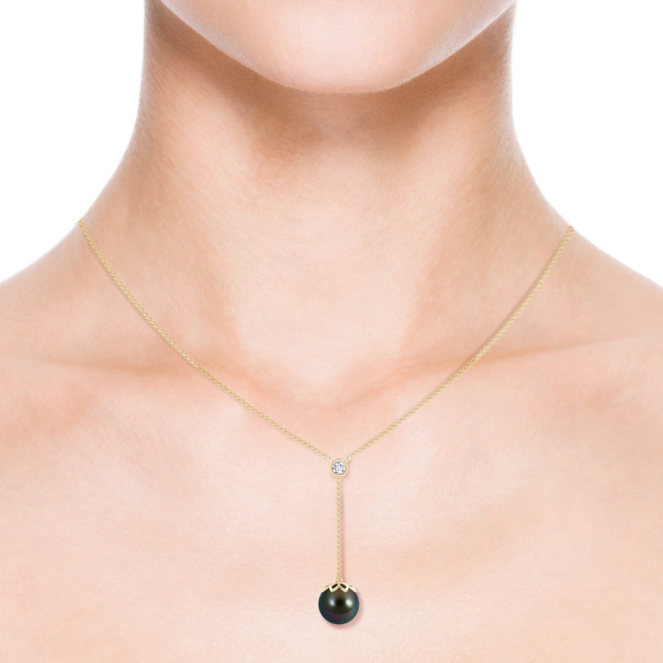 10mm AAAA Tahitian Pearl Lariat Necklace with Diamond in Yellow Gold product image