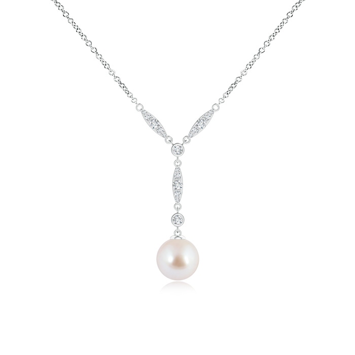 8mm AAA Japanese Akoya Pearl Lariat Style Necklace with Diamonds in White Gold