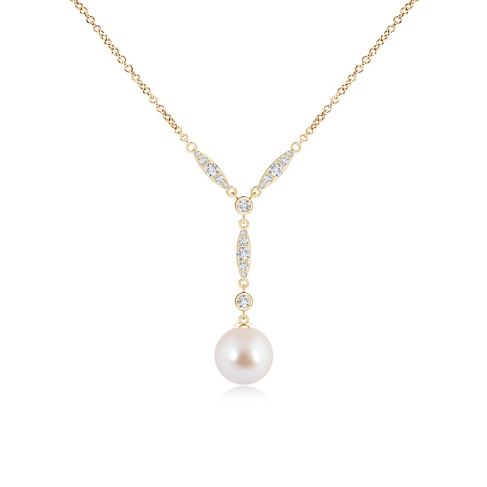 8mm AAA Japanese Akoya Pearl Lariat Style Necklace with Diamonds in Yellow Gold 