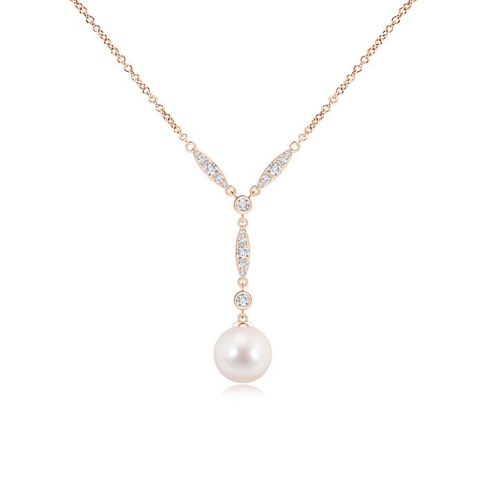 8mm AAAA Japanese Akoya Pearl Lariat Style Necklace with Diamonds in Rose Gold