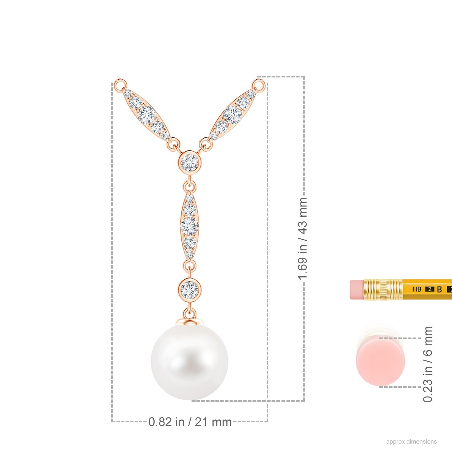 10mm AA Freshwater Pearl Lariat Style Necklace with Diamonds in Rose Gold - ruler