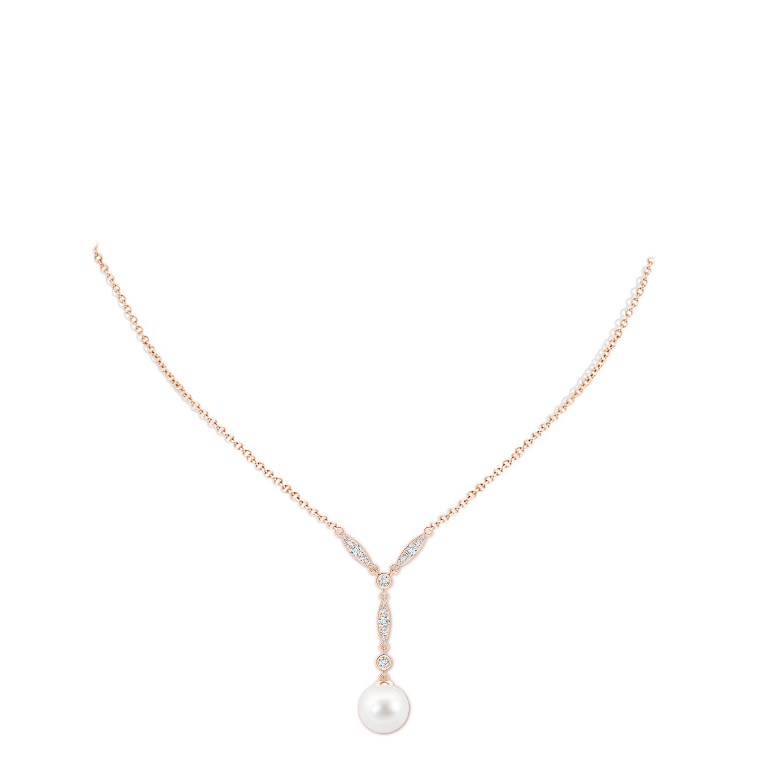 10mm AA Freshwater Pearl Lariat Style Necklace with Diamonds in Rose Gold - body_neck