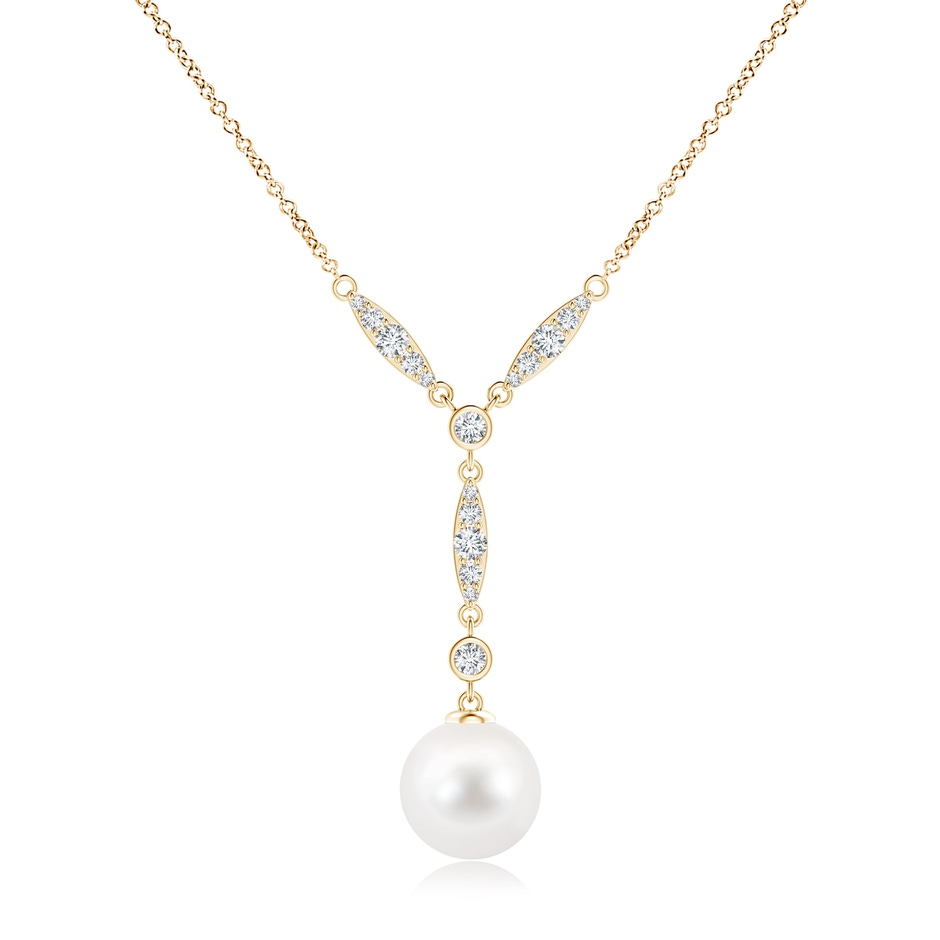 10mm AA Freshwater Pearl Lariat Style Necklace with Diamonds in Yellow Gold 