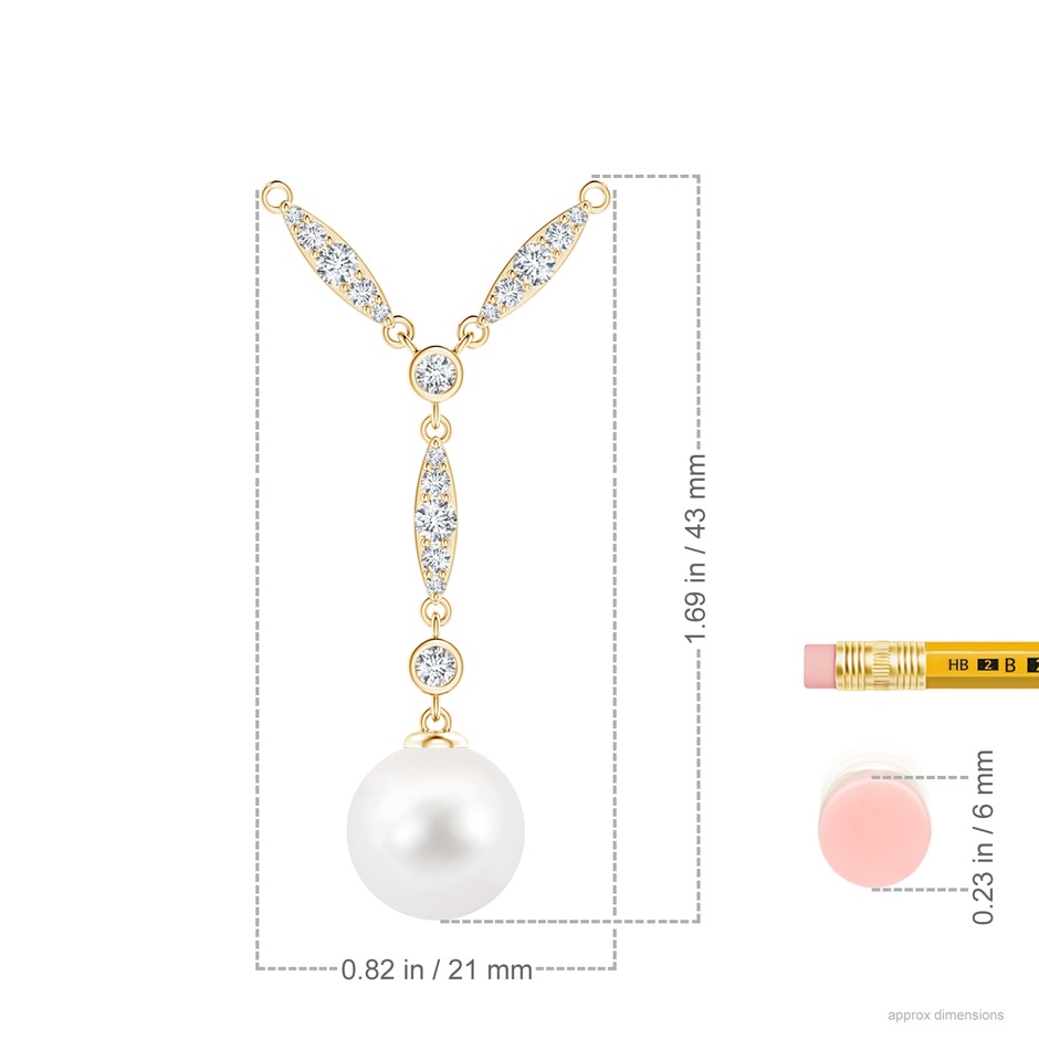 10mm AA Freshwater Pearl Lariat Style Necklace with Diamonds in Yellow Gold ruler