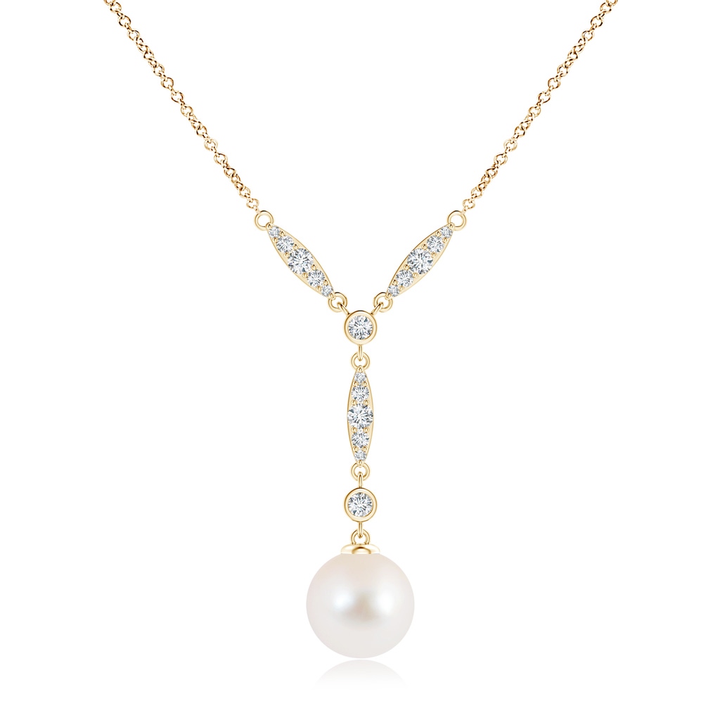 10mm AAA Freshwater Pearl Lariat Style Necklace with Diamonds in Yellow Gold