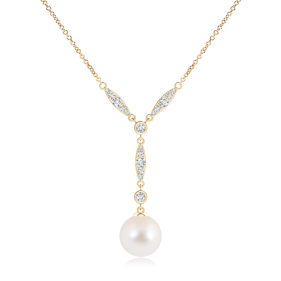 10mm AAA Freshwater Pearl Lariat Style Necklace with Diamonds in Yellow Gold 