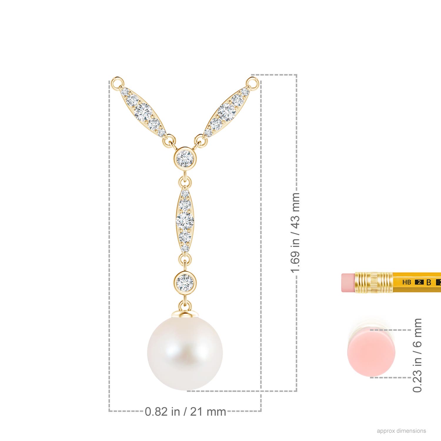 10mm AAA Freshwater Pearl Lariat Style Necklace with Diamonds in Yellow Gold - ruler