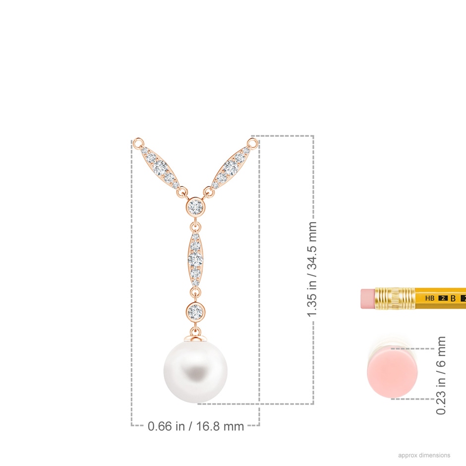 8mm AA Freshwater Pearl Lariat Style Necklace with Diamonds in Rose Gold ruler