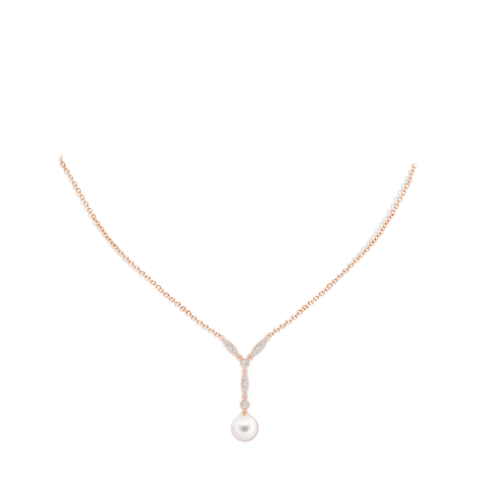 8mm AA Freshwater Pearl Lariat Style Necklace with Diamonds in Rose Gold pen