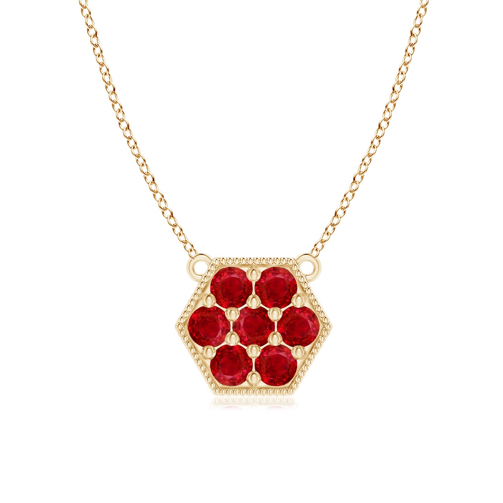 2mm AAA Pavé-Set Ruby Hexagon Necklace with Milgrain in Yellow Gold