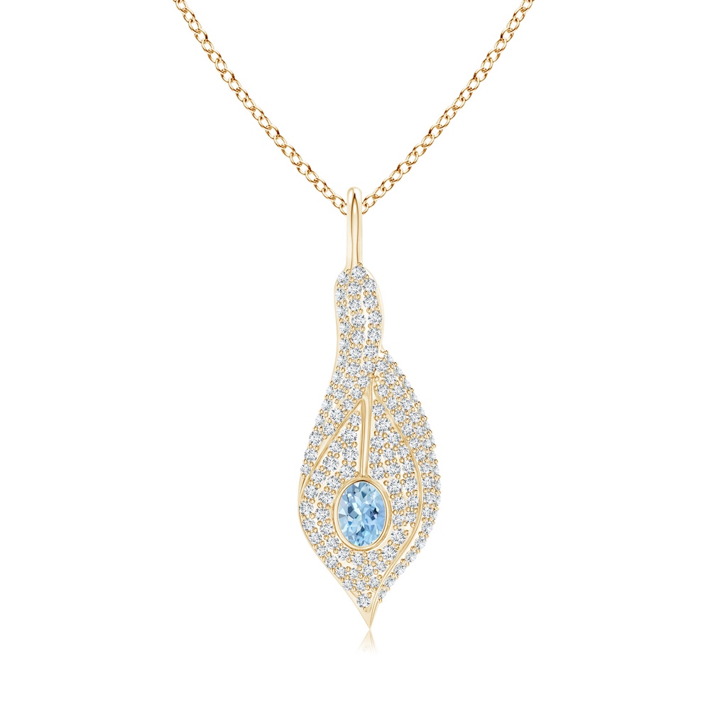 4x3mm AAA Aquamarine Calla Lily Pendant Necklace with Diamond Accents in Yellow Gold