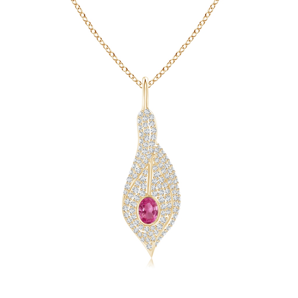 4x3mm AAAA Pink Sapphire Calla Lily Pendant Necklace with Diamonds in Yellow Gold