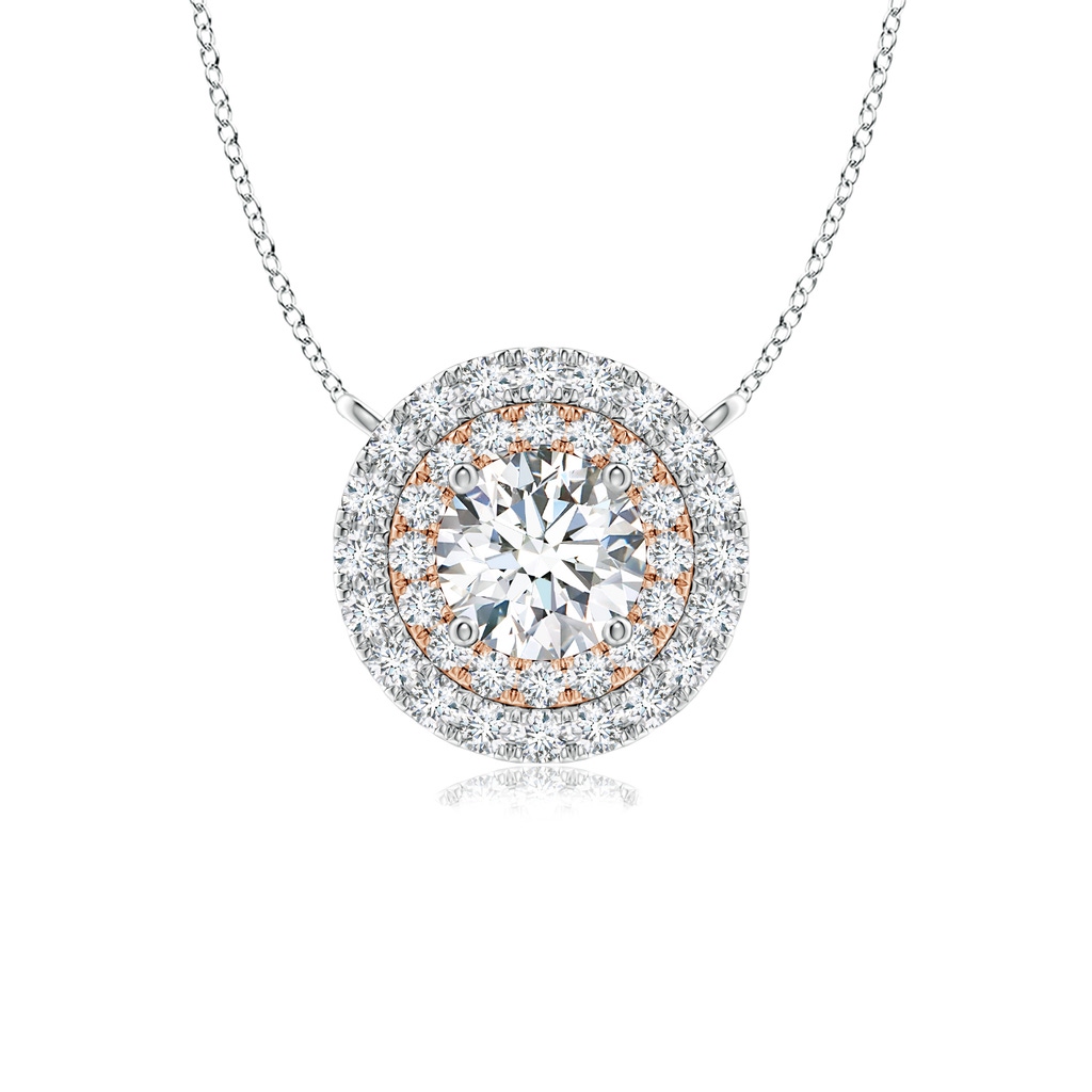 4mm GVS2 Round Diamond Double Halo Pendant Necklace in White Gold Rose Gold