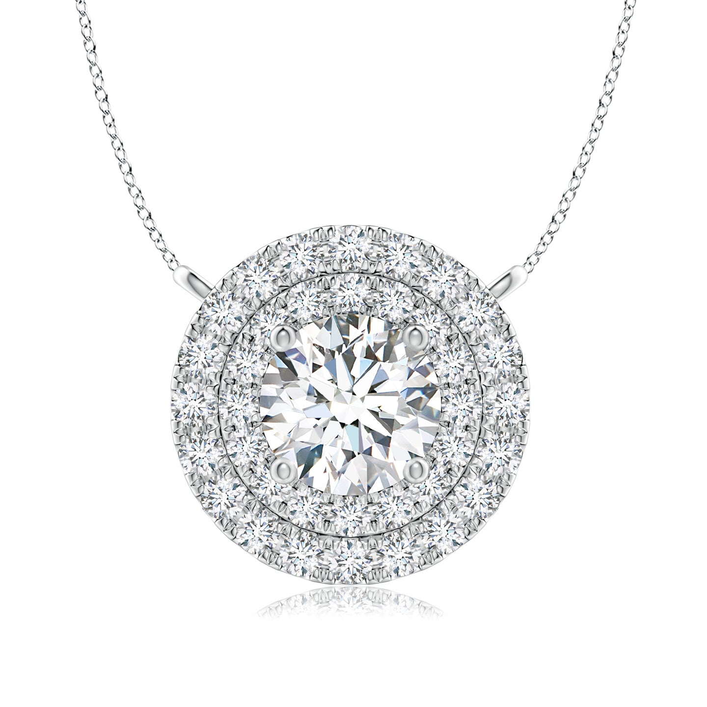 Round Natural Diamond Double Halo Pendant Necklace
