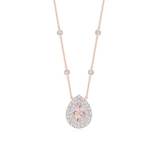 6x4mm A Pear-Shaped Morganite Two Tone Necklace with Double Halo in Rose Gold White Gold