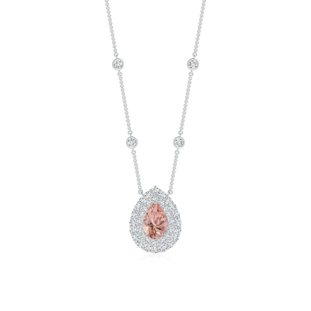 6x4mm AAAA Pear-Shaped Morganite Two Tone Necklace with Double Halo in P950 Platinum