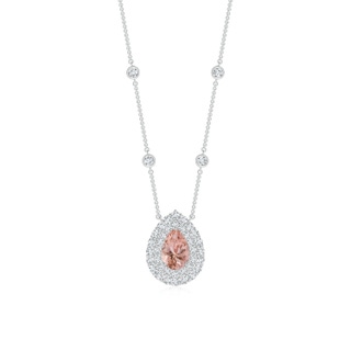6x4mm AAAA Pear-Shaped Morganite Two Tone Necklace with Double Halo in P950 Platinum