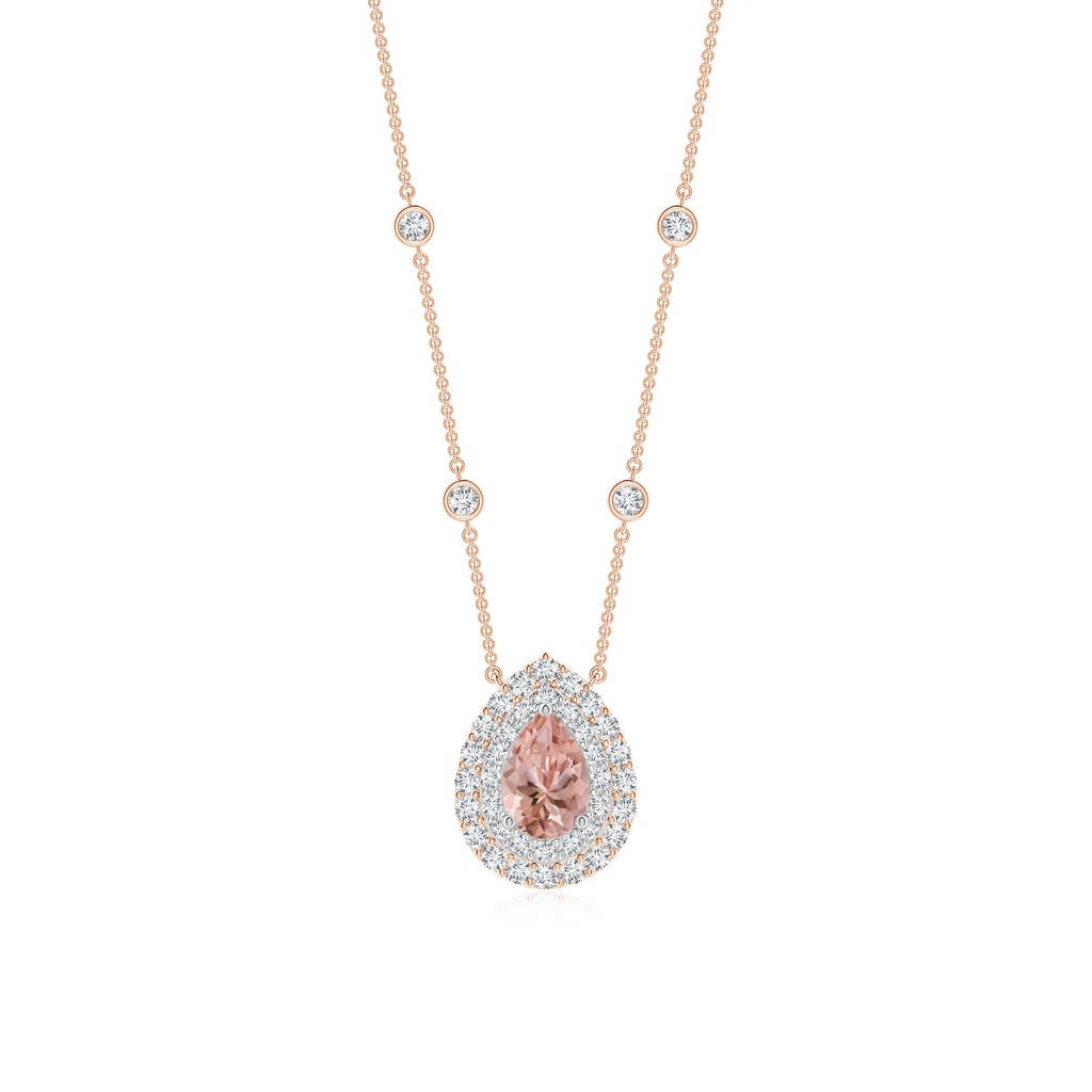 6x4mm AAAA Pear-Shaped Morganite Two Tone Necklace with Double Halo in Rose Gold White Gold