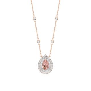 6x4mm AAAA Pear-Shaped Morganite Two Tone Necklace with Double Halo in Rose Gold White Gold