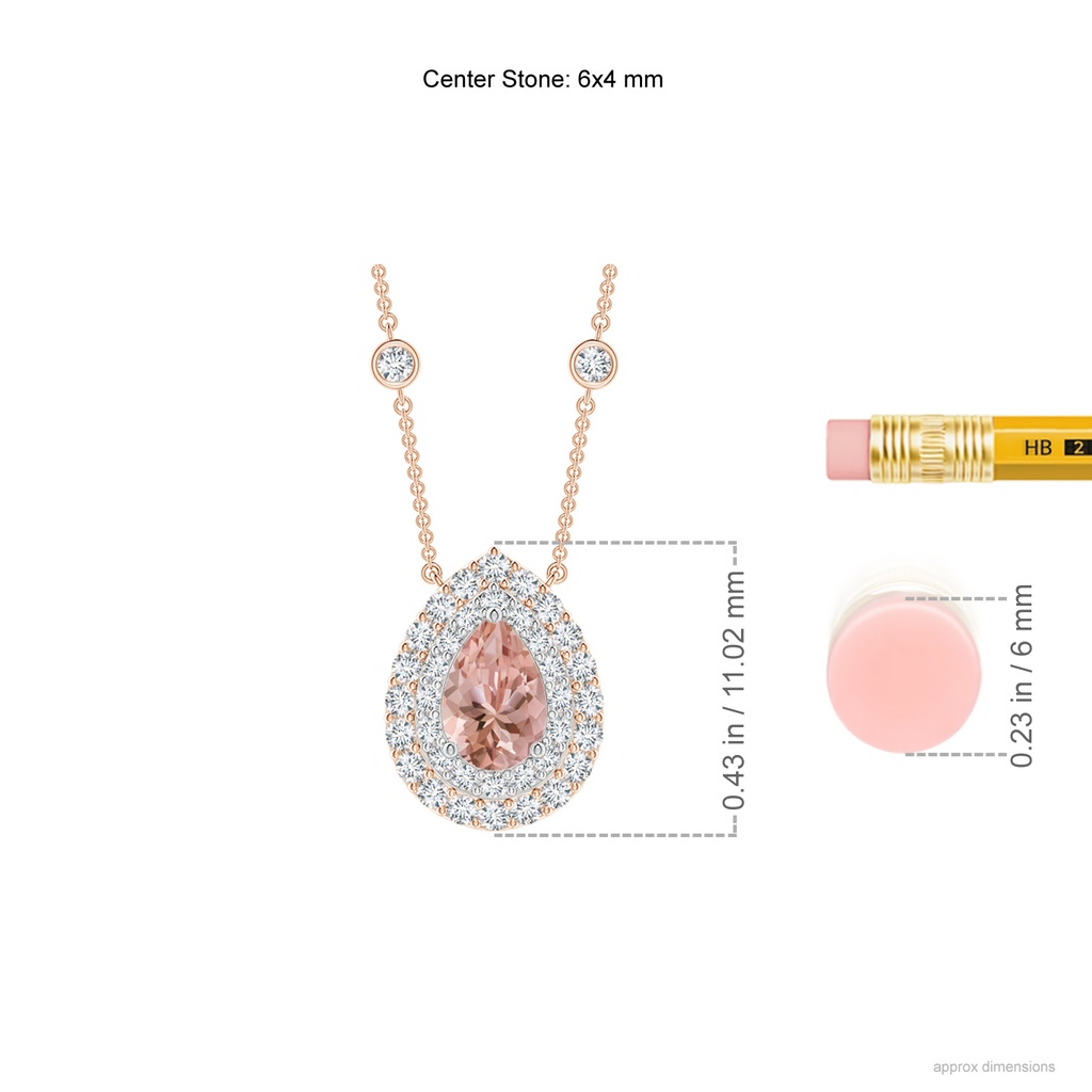 6x4mm AAAA Pear-Shaped Morganite Two Tone Necklace with Double Halo in Rose Gold White Gold Ruler