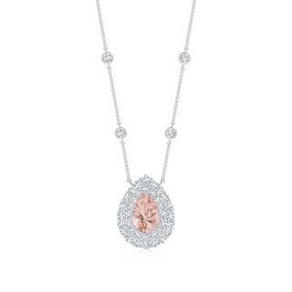 7x5mm AAAA Pear-Shaped Morganite Two Tone Necklace with Double Halo in P950 Platinum