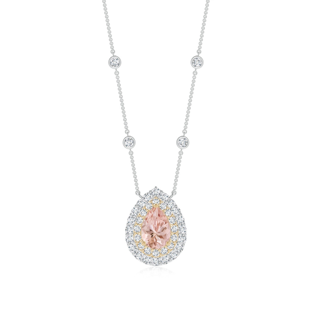 7x5mm AAAA Pear-Shaped Morganite Two Tone Necklace with Double Halo in White Gold Yellow Gold