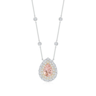 7x5mm AAAA Pear-Shaped Morganite Two Tone Necklace with Double Halo in White Gold Yellow Gold