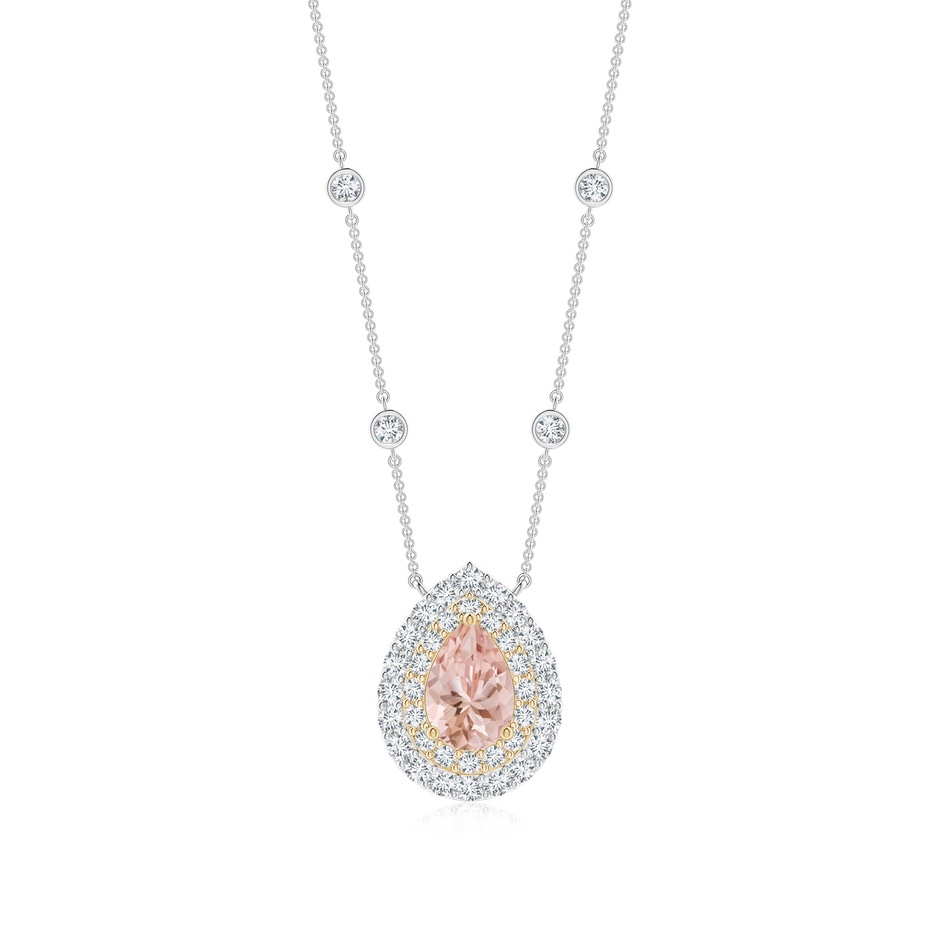 7x5mm AAAA Pear-Shaped Morganite Two Tone Necklace with Double Halo in White Gold Yellow Gold 