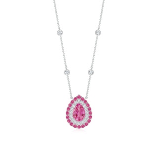 6x4mm AAA Pear-Shaped Pink Sapphire Two Tone Necklace with Double Halo in White Gold