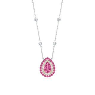 6x4mm AAA Pear-Shaped Pink Sapphire Two Tone Necklace with Double Halo in White Gold Yellow Gold