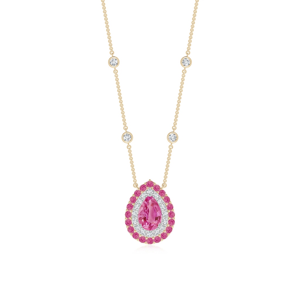 6x4mm AAA Pear-Shaped Pink Sapphire Two Tone Necklace with Double Halo in Yellow Gold White Gold