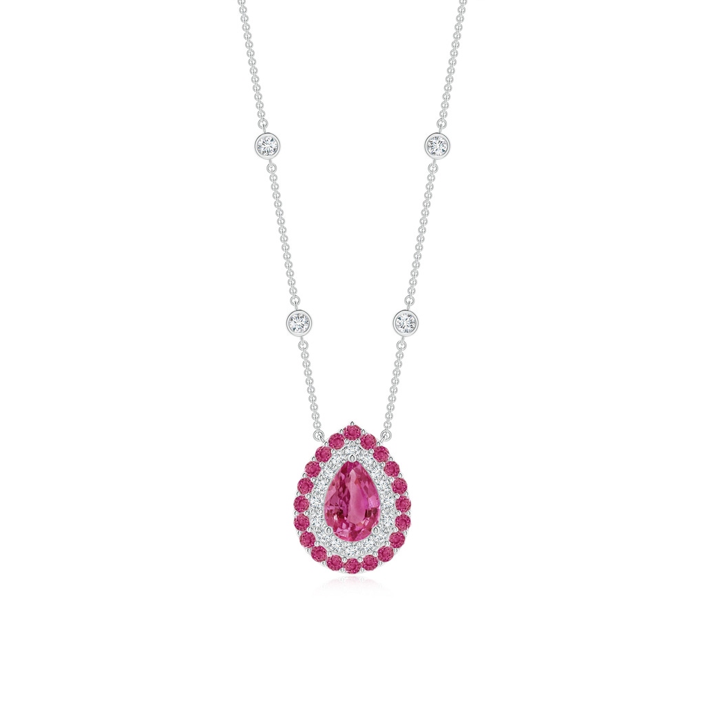 6x4mm AAAA Pear-Shaped Pink Sapphire Two Tone Necklace with Double Halo in White Gold