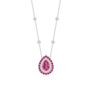 6x4mm AAAA Pear-Shaped Pink Sapphire Two Tone Necklace with Double Halo in White Gold
