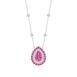 7x5mm AAA Pear-Shaped Pink Sapphire Two Tone Necklace with Double Halo in P950 Platinum