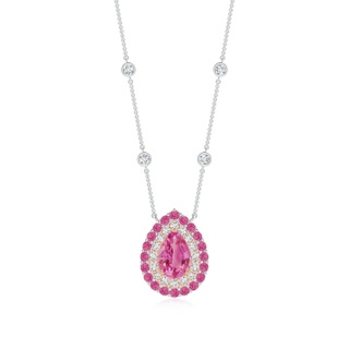 7x5mm AAA Pear-Shaped Pink Sapphire Two Tone Necklace with Double Halo in White Gold Rose Gold