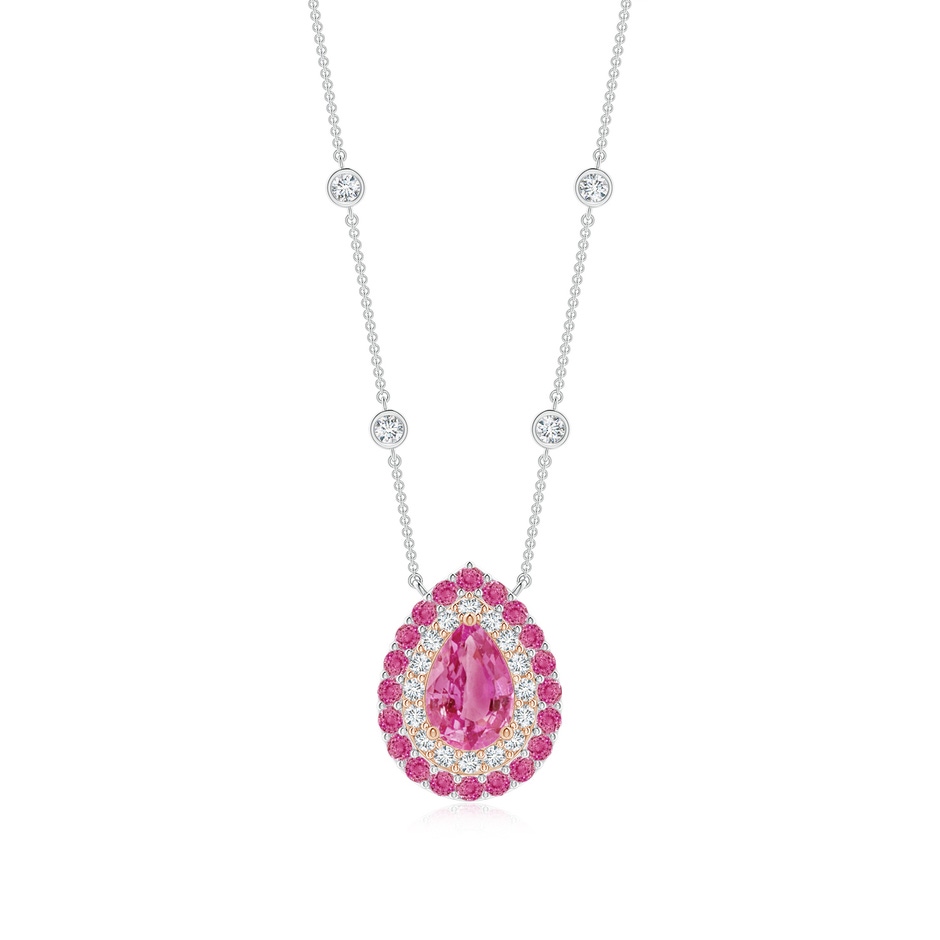 7x5mm AAA Pear-Shaped Pink Sapphire Two Tone Necklace with Double Halo in White Gold Rose Gold 